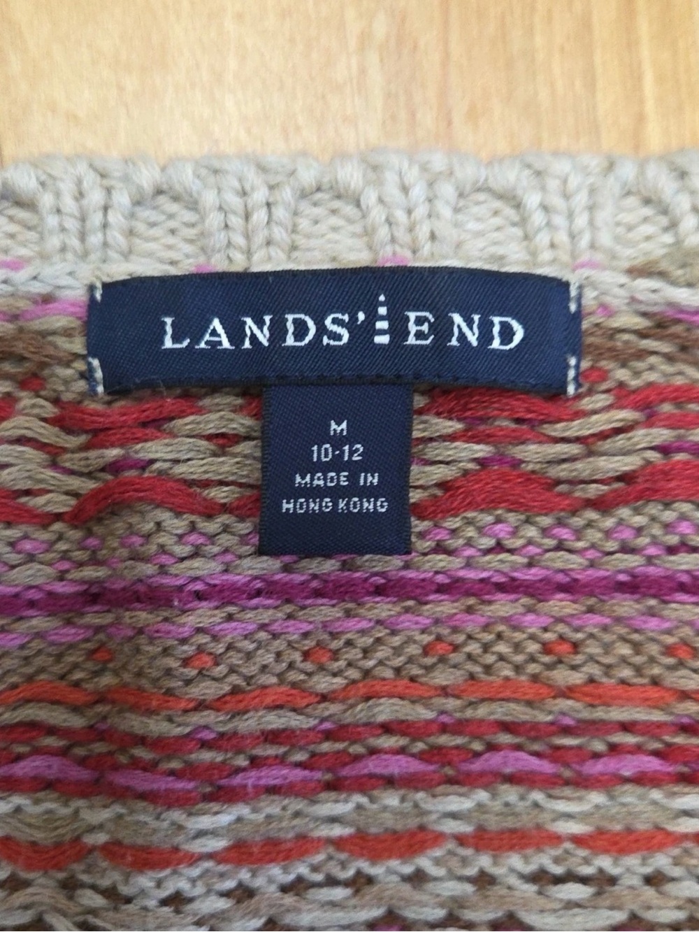 Lands' End Beige Cardigan with Pink and Red Fair Isle Yoke - Picture 5 of 5